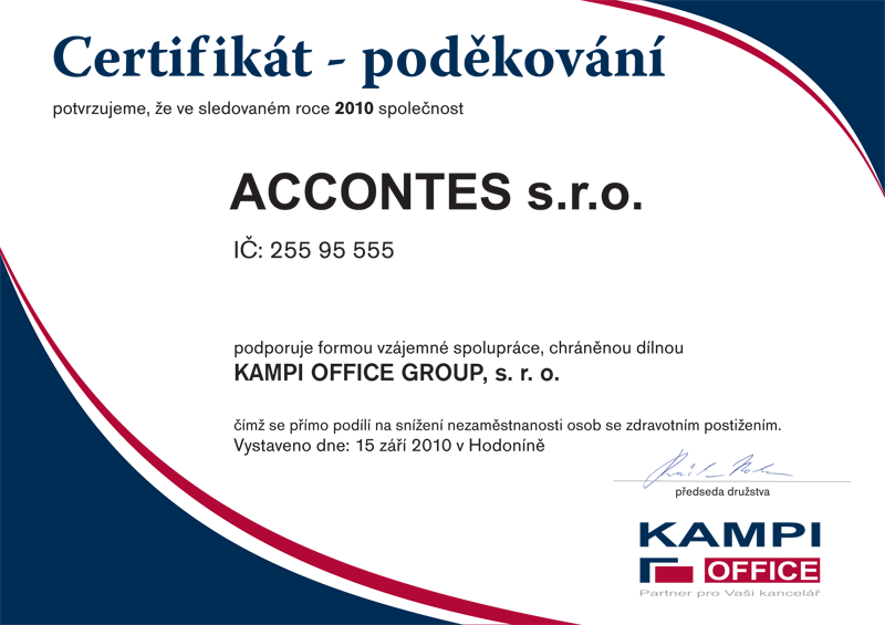 Certifiákt od společnosti Campi Office Group, s.r.o